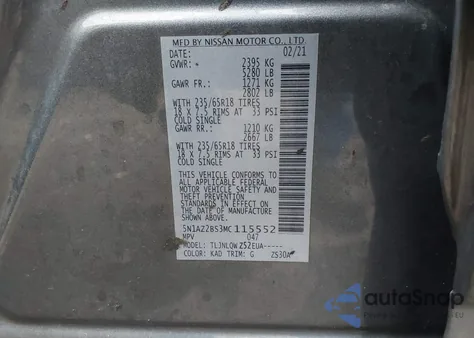 2021 Nissan Murano Sv Intelligent Awd from USA, damaged, VIN 5N1AZ2BS3MC115552